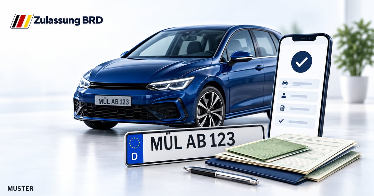 Online Fahrzeugzulassung in Bad Krozingen: Musterkennzeichen MÜL AB 123, Auto und Fahrzeugpapiere und Smartphone. Illustration mit Logo von Zulassung BRD.
